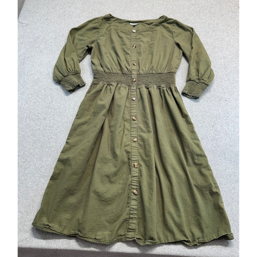MPH Collection Womens M Olive Green Cotton Midi Dress Smocked Waist Casual Fall